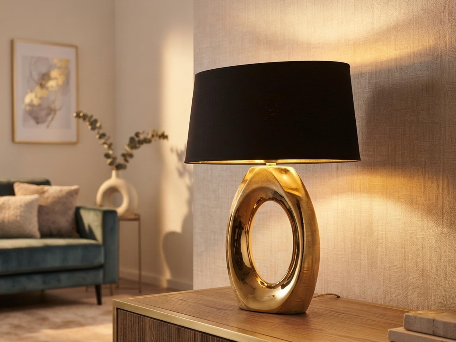 meineWunschleuchte Grande lampada da tavolo con paralume ovale in tessuto, colore nero/oro, altezza 52 cm