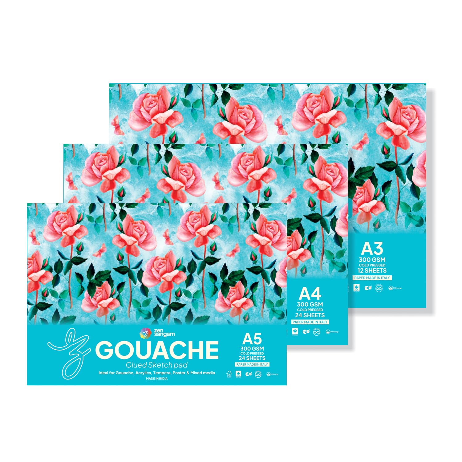 Zen Sangam Artists’ - Combo Pack of A3,A4,A5 Gouache Glued Sketchpads - 300 GSM - Cold Pressed - Rough Grain Surface - Gouache Book