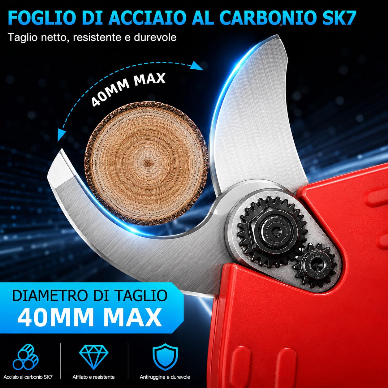 Forbici Potatura a Batteria,40 mm Cesoie Potatura Elettriche Professionali con 2x2000mAh Batterie, Motore Brushless, Lama SK7， Forbice Elettrica Potatura per Giardinaggio