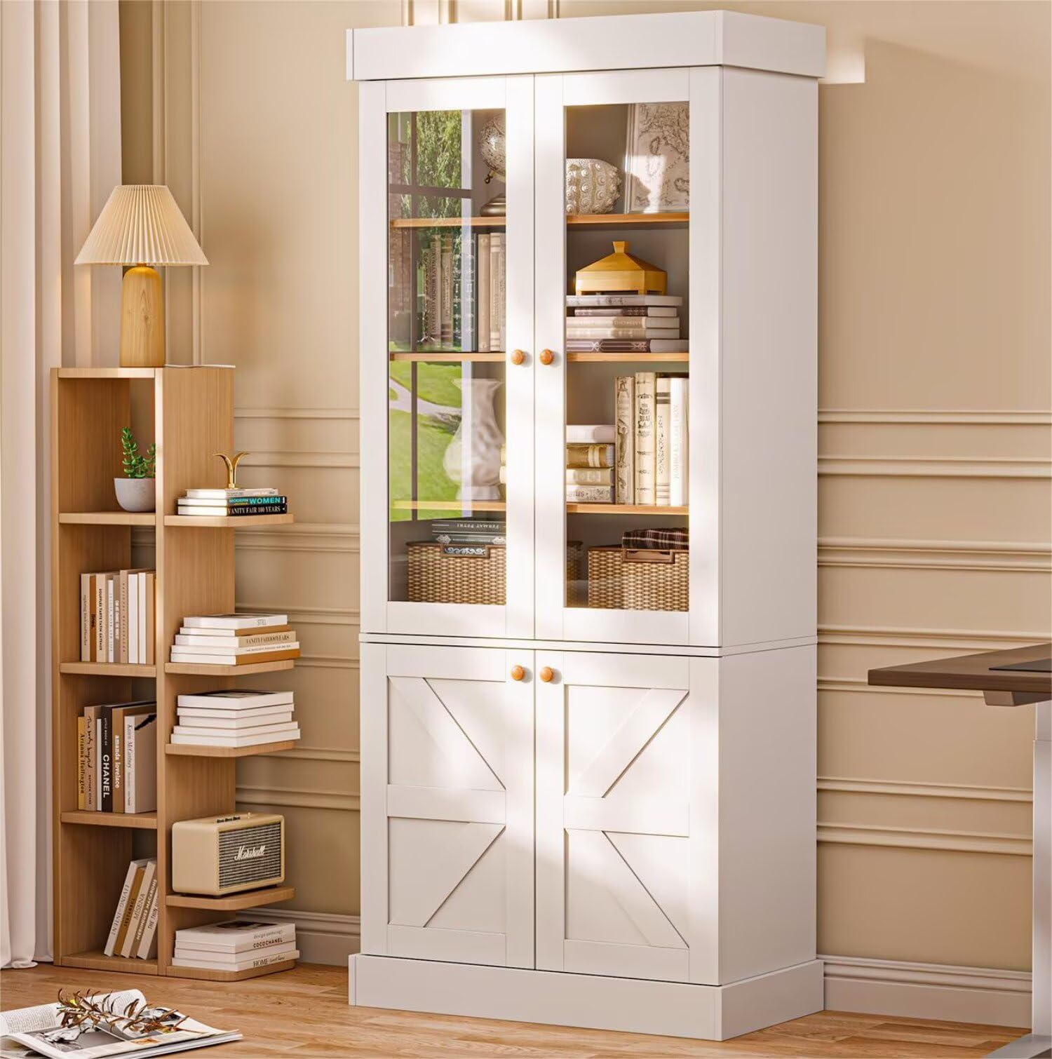 ivaniti 71" Tall Farmhouse Bookshelves with Glass Doors, Large Wooden Bookcase with Adjustable Shelves, Storage Cabinet for Living Room, Kitchen, Home Office, Dining Room, White