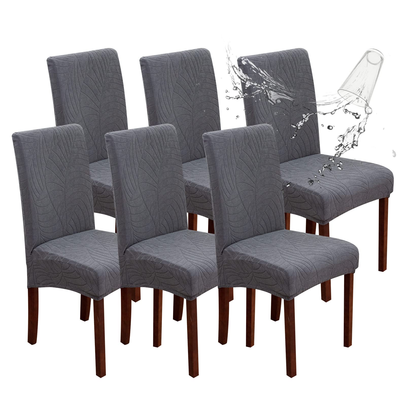 Genina Lot de 6 housses de chaise imperméables en jacquard, extensibles, amovibles et lavables pour chaises de salle à manger, cuisine, hôtel, restaurant (feuilles-gris foncé)