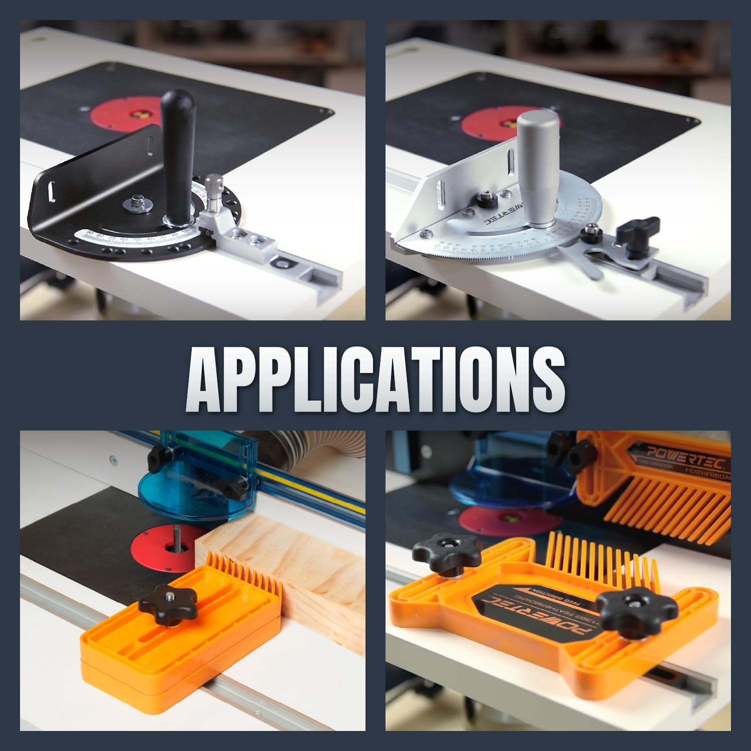 Various woodworking applications using POWERTEC T-tracks, including miter gauges and featherboards