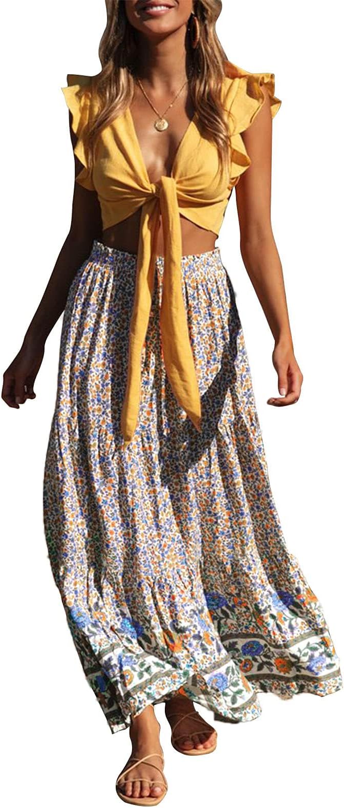 Women's 2026 Summer Bohemian Floral Printed Elastic Waist A Line Maxi Skirt with Pockets