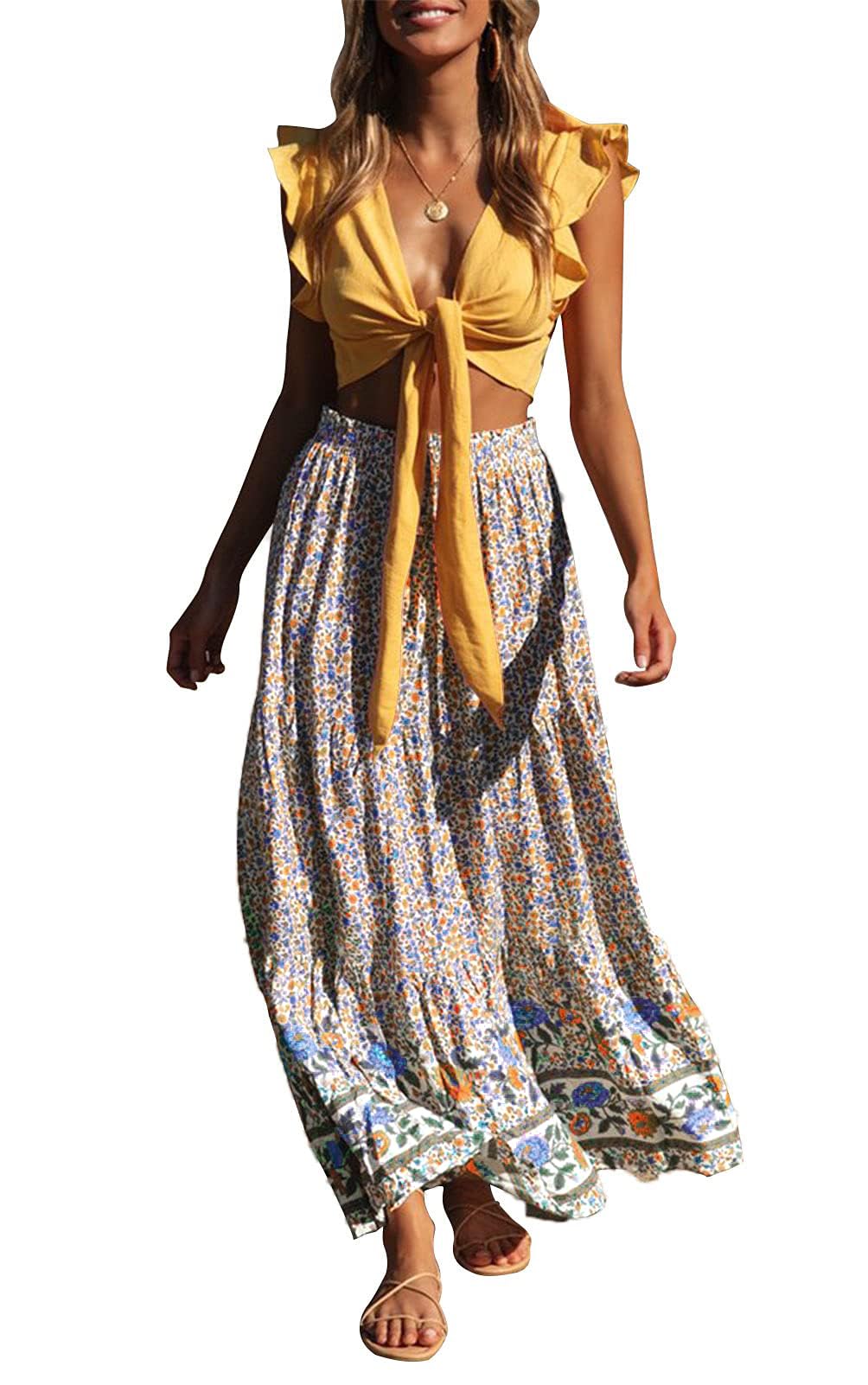 ZESICA Women's 2024 Bohemian Floral Printed Elastic Waist A Line Maxi Skirt with Pockets, Cream, L