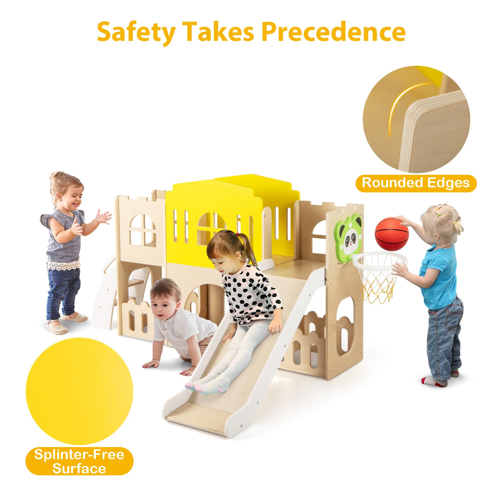 HOMASIS 7 in 1 Kinderrutsche Indoor, Kinder Rutsche mit Basketballkorb | Kletterleiter mit Tunnel Stauraum, Holz Spielplatz im Burgform, Outdoor Babyrutsche Rutschenset für Kinder, 169 x 125 x 98 cm