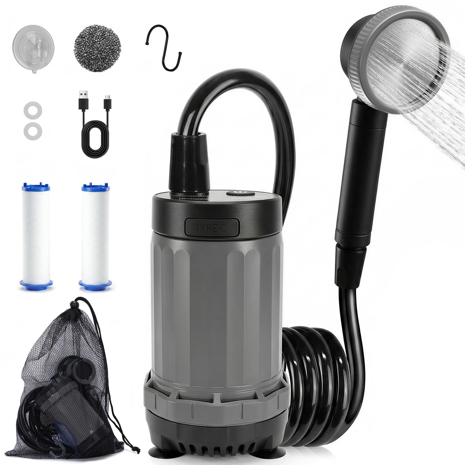 Pravoluxmax Doccia portatile per campeggio, 8000 mAh, ricaricabile, pompa per doccia da campeggio, impermeabile, con display a LED, per viaggi, escursioni, auto, animali domestici