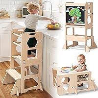 4-in-1 Foldable Toddler Kitchen Learning Tower Step Stool with Blackboard - Safe Wooden Helper for 1-3 Year Olds