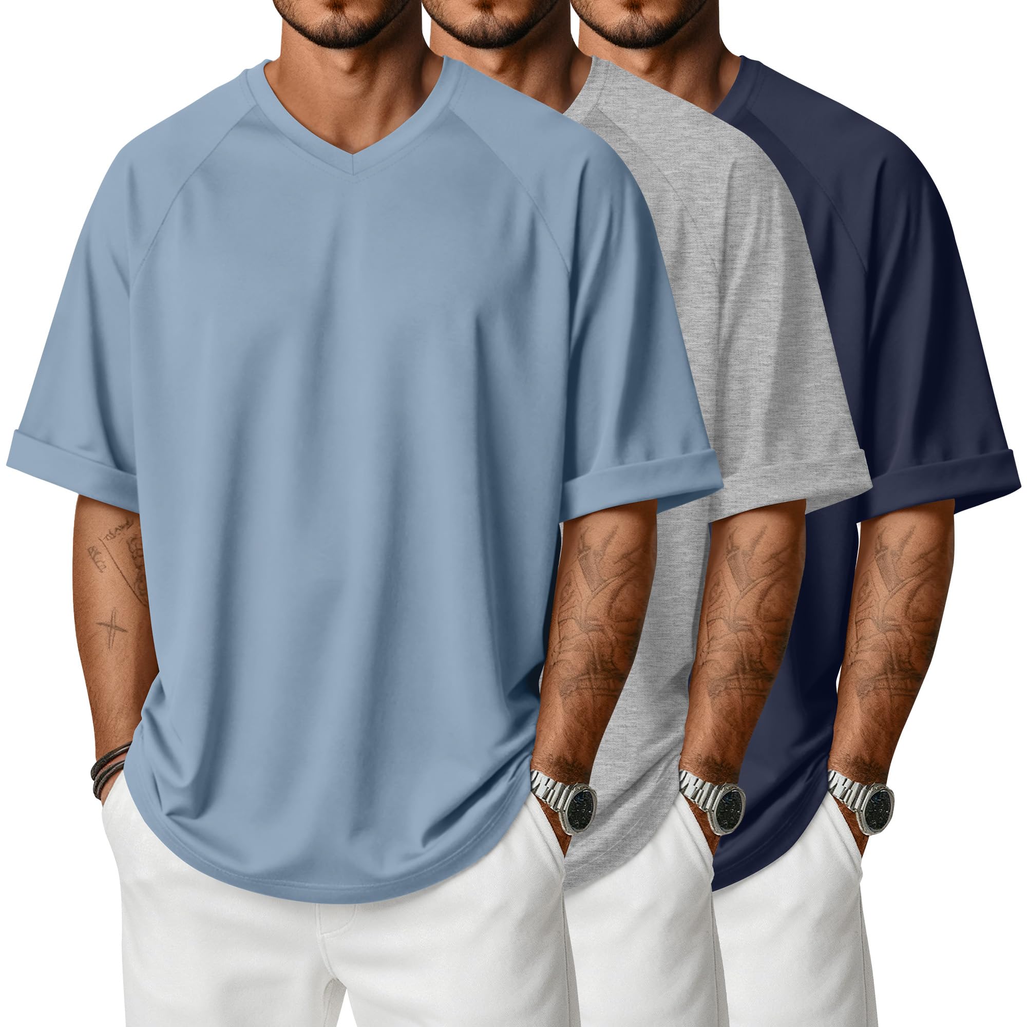 3 Pack Mens Oversized T-Shirts Baggy Half Short Sleeve Tee V Neck Rolled Sleeve Shirts Summer Casual Workout
