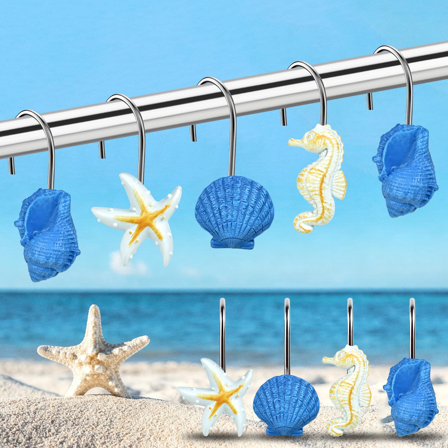 Quimoy 12PCS Beach Ocean Shower Curtain Hooks, Cute Seahorse Starfish & Seashell Design Shower Curtain Rings, Anti-Rust Decorative Curtain Hooks for Nautical/Coastal Themed Bathrooms