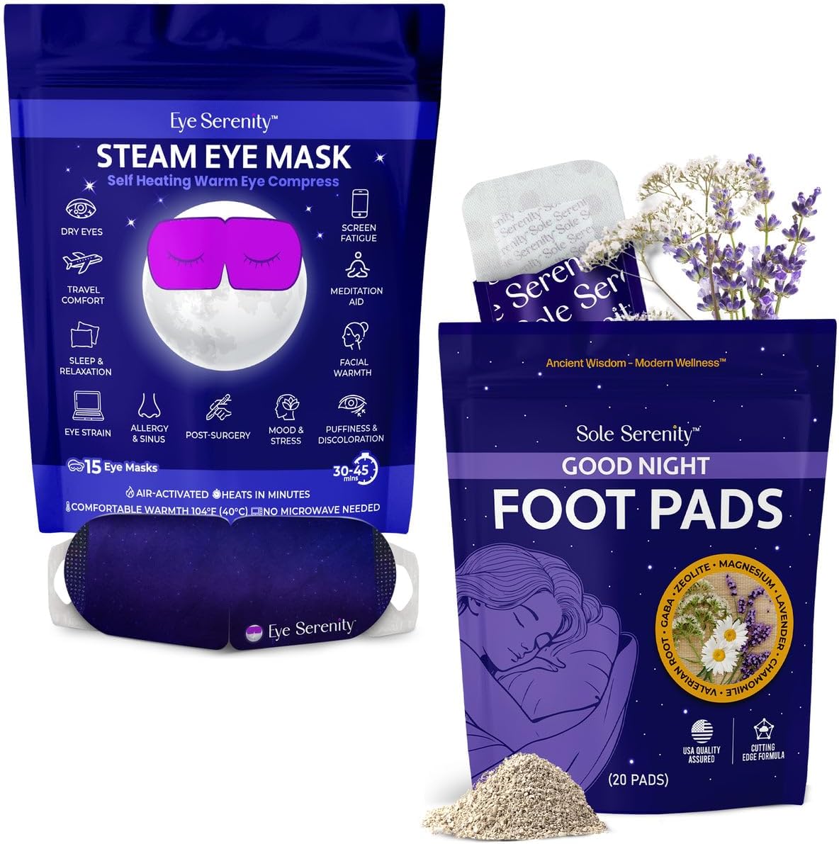 Lure Essentials Eye Serenity Steam Eye Mask and Sole Serenity Good Night Foot Pads Bundle – Self-Heating Warm Eye Compress with Cleansing Foot Pads for Nighttime Routine