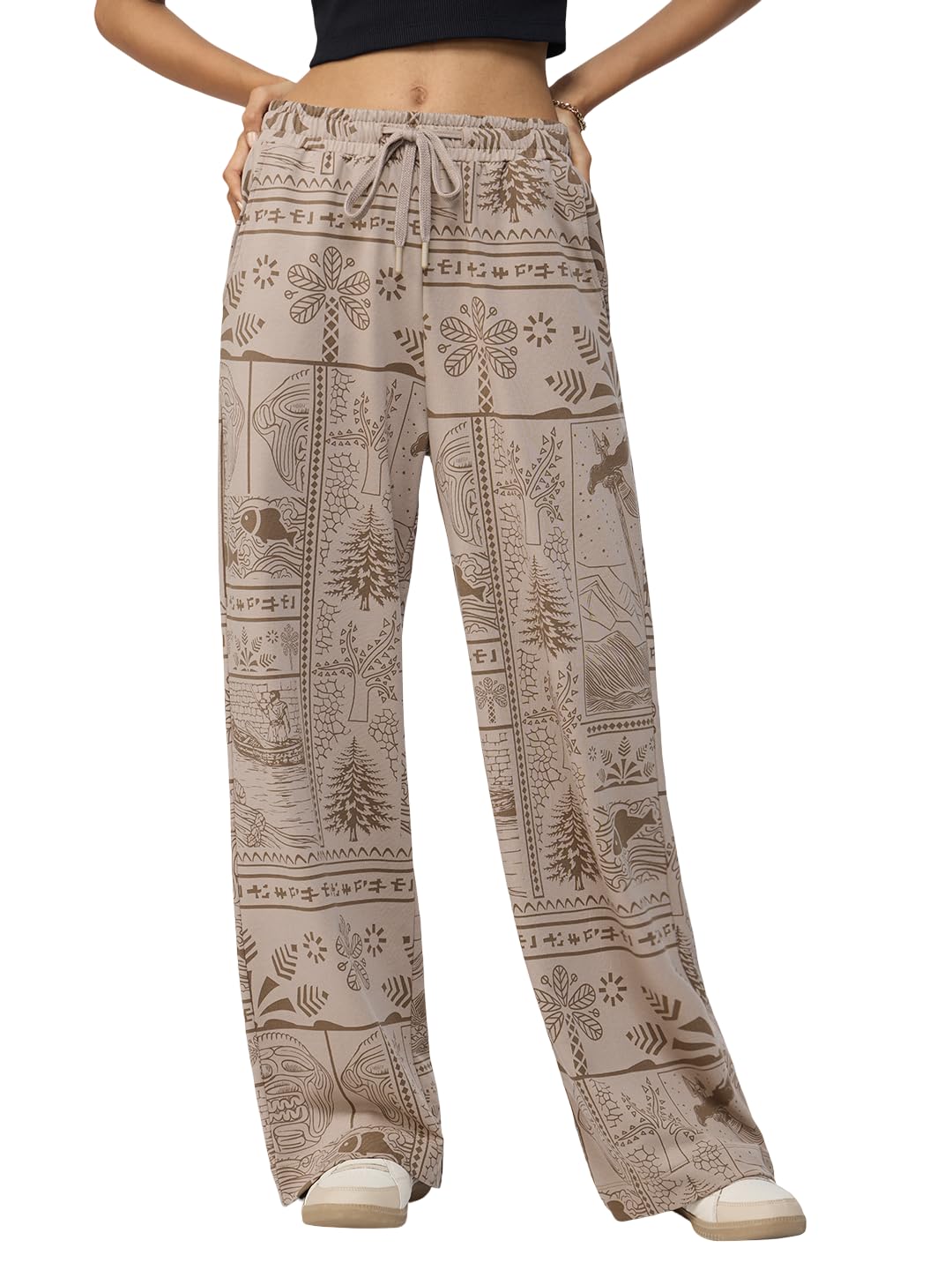 Nomad: Serenity Women and Girls Drawstring Waist Beige All Over Printed Cotton Lightweight Everyday Bohemian Style Flared Joggers-image-49
