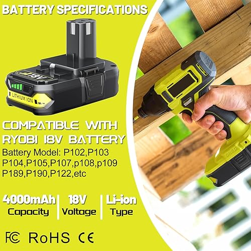 Vista 2 de 4.0Ah Battery Replacement for Ryobi 18V Battery P102 P103 P104 P105 P107 18Volt ONE+ Lithium Batteries (2Pack)