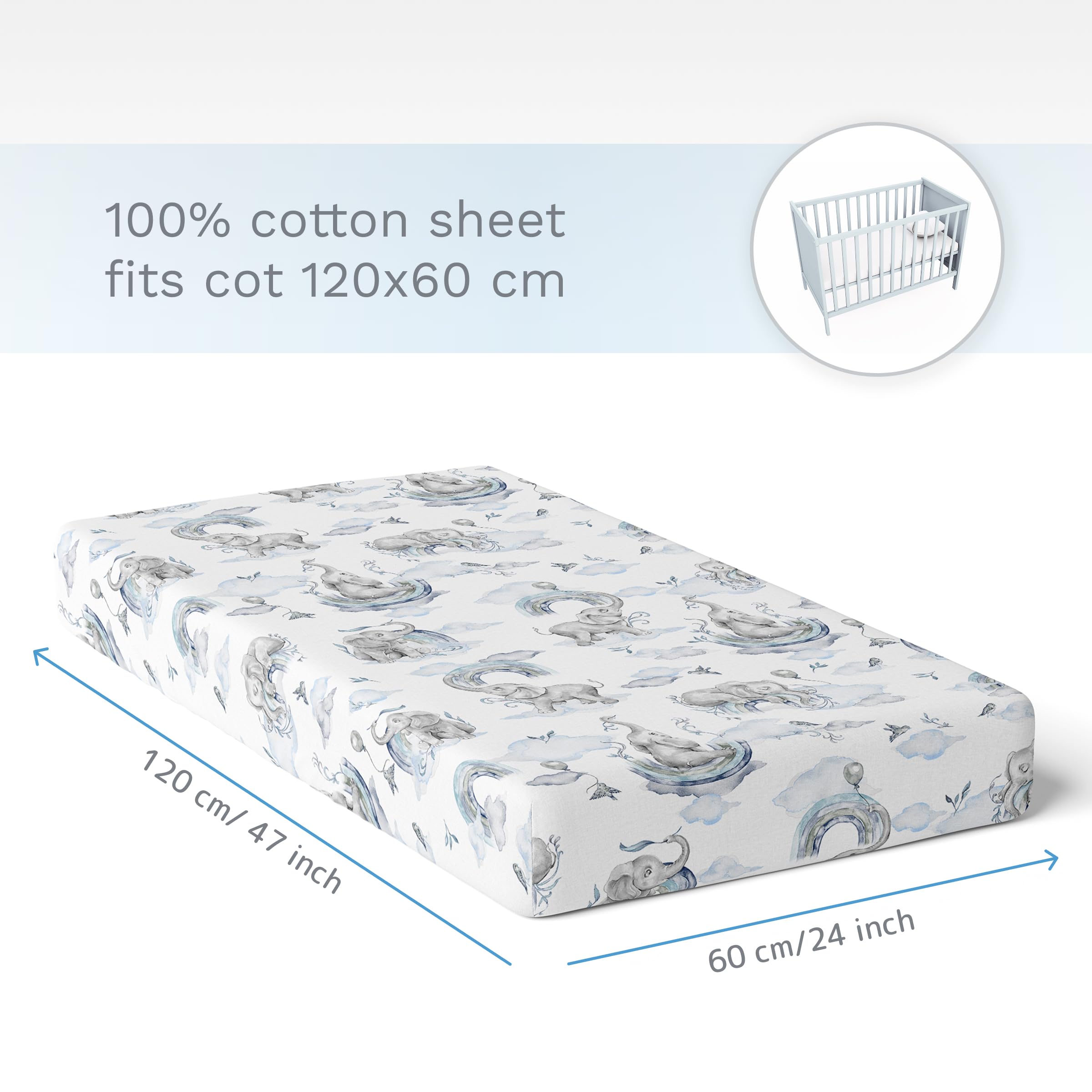 Baby Comfort Nursery 100% Cotton Fitted Sheet fits 120x60 cm Cot Mattress (Blue Elephants) - Image 4