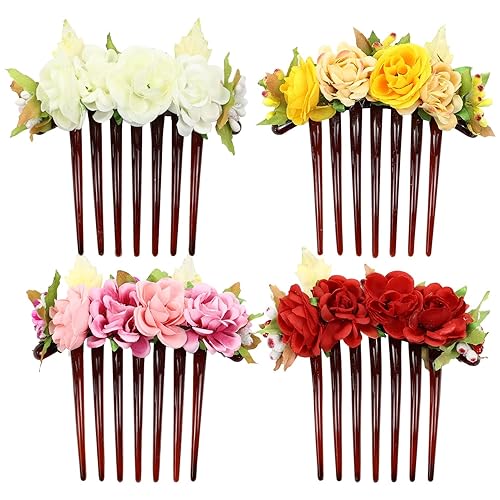 Cinaci Paquete de 4 peines laterales de plástico con flores artificiales, clips para tocados de boda, horquillas para el cabello, pasadores, moño,