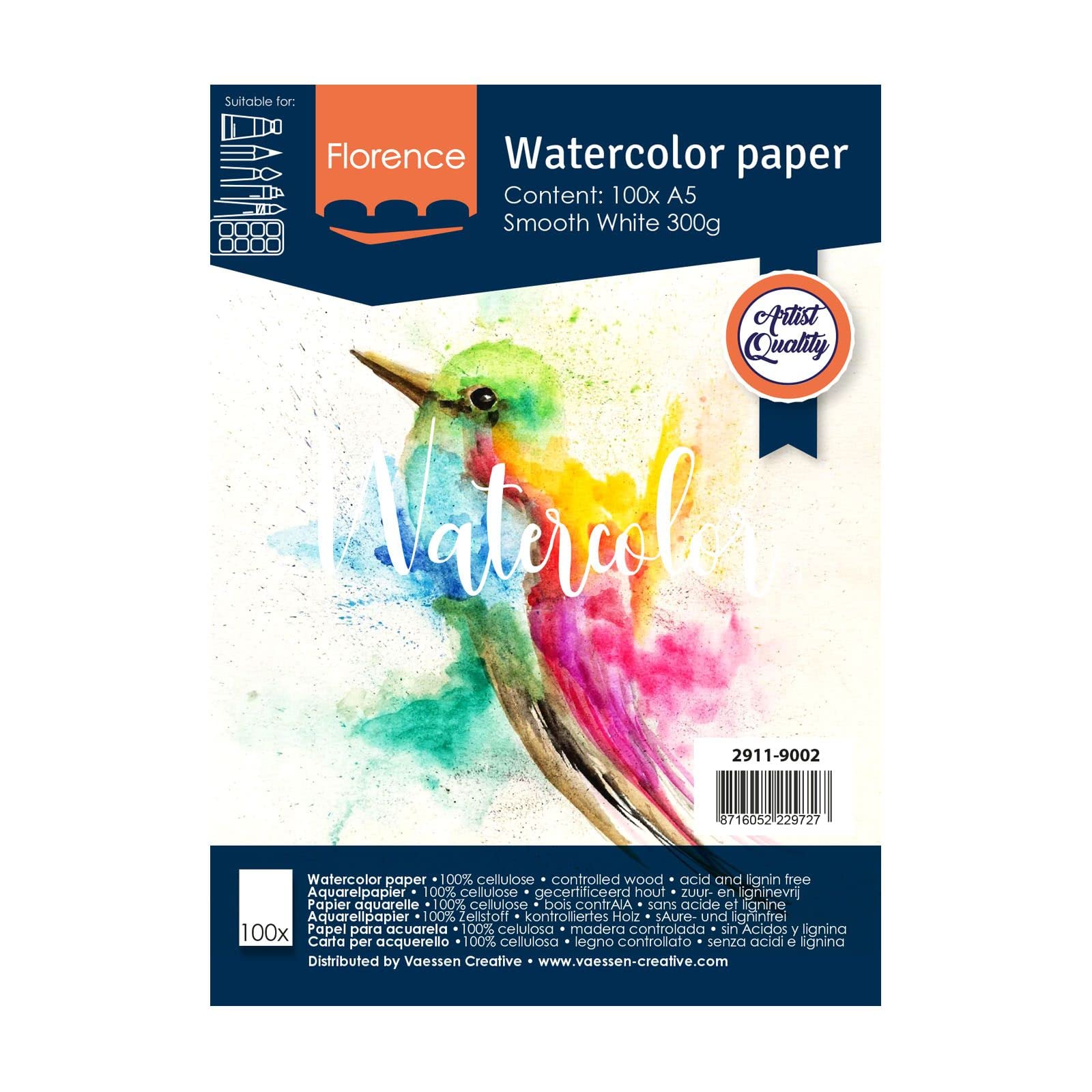 Vaessen Creative Florence Aquarellpapier A5 in Weiß, aus 300 g/m² Glatte Papier, 100 Blatt für Aquarellmalerei, Handlettering und Brush Lettering