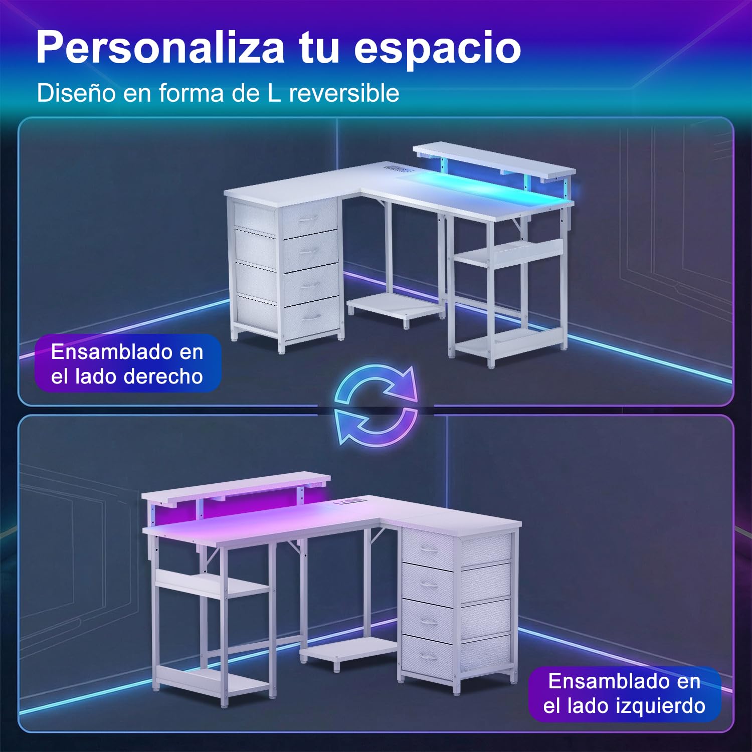 JUMMICO 135cm Mesa en Forma L con Luces LED, Escritorio de Esquina Ordenador para Home Office, Mesa Gaming con Estantes de Almacenamiento, Esquina Reversible y Estructura Estable, Blanco Carbón | Escritorio Gaming Tomas de Corriente y Puertos USB, Escrito