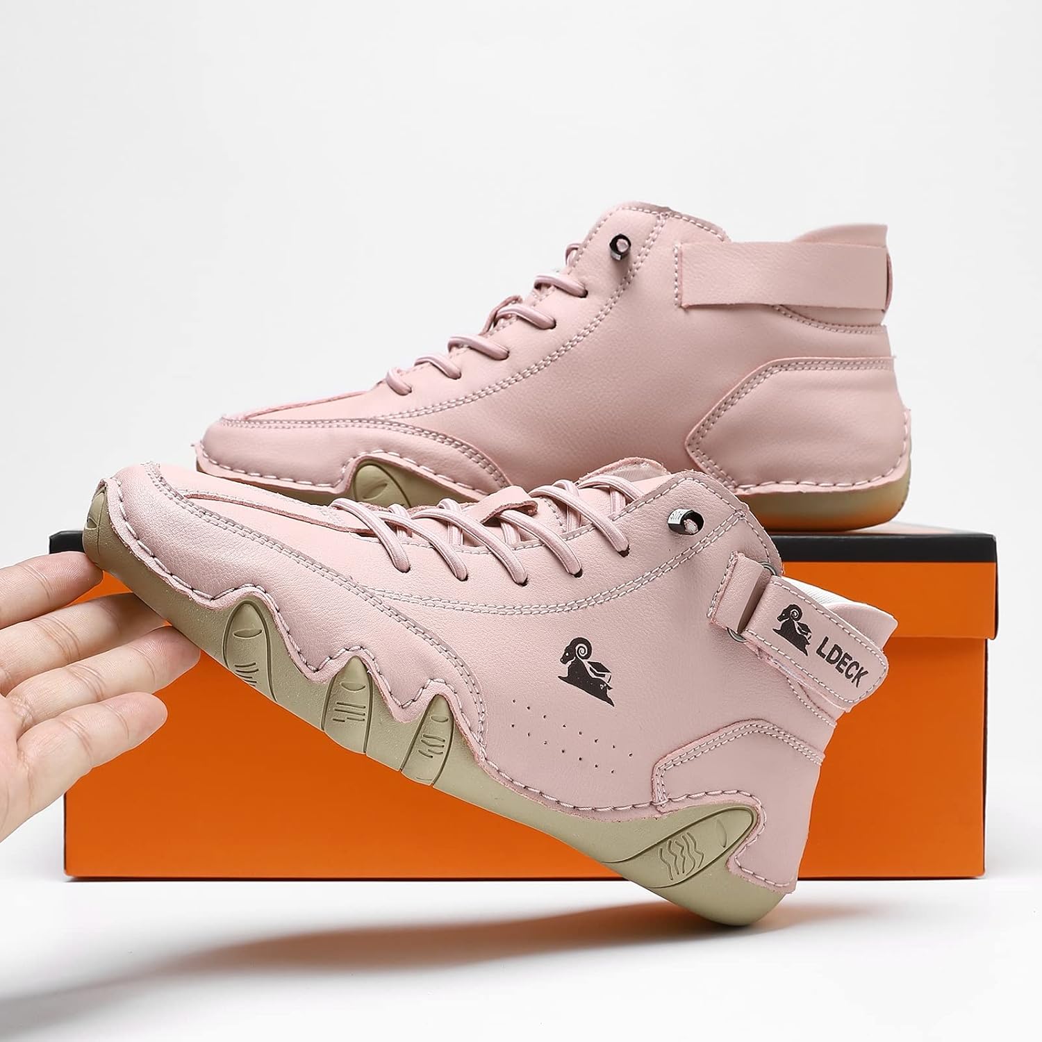 Men Women Handmade High Top Slip-On Boots Beck Shoes Outdoor Waterproof Non-Slip Lightweight Breathable Chukka Boots Casual Barefoot Sneakers for Hiking & Driving(Pink,9 Women/8 Men)