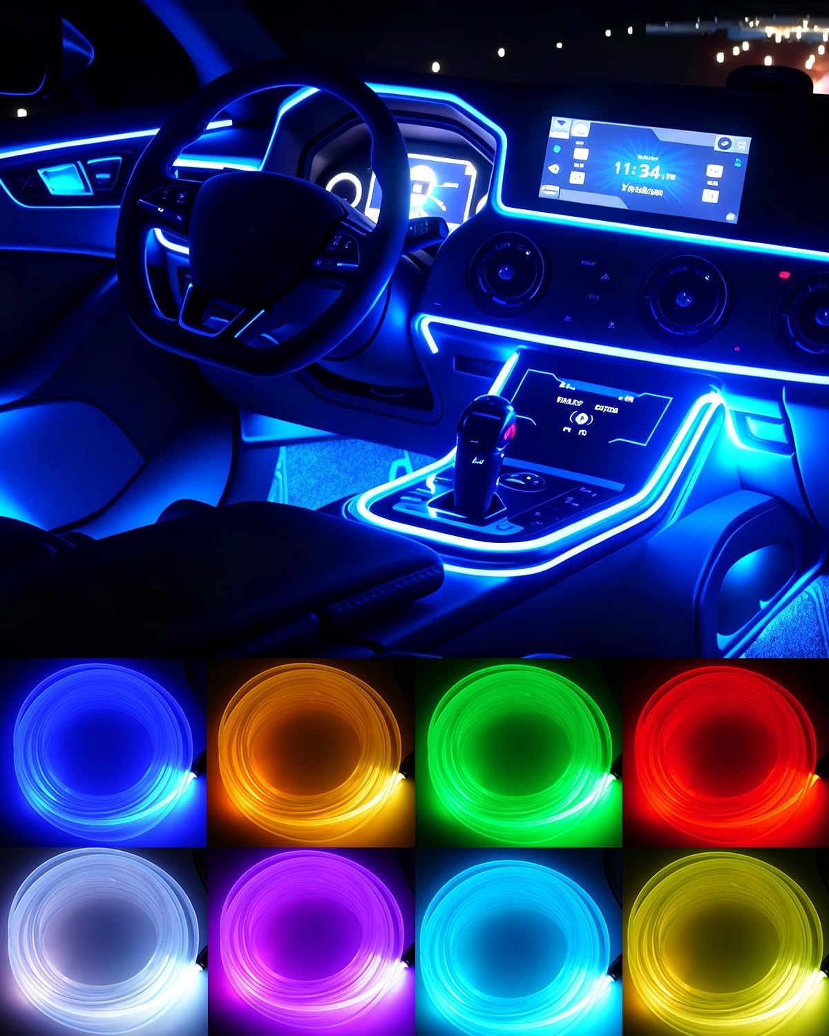 Interior Car LED Strip Lights, 5M 16FT Ambient Lighting Kits, Button Switch & APP Bluetooth Control, Music Sync Fiber Optic Cars Interior Neon Light Strip, USB 5V for Car Inside Decoration