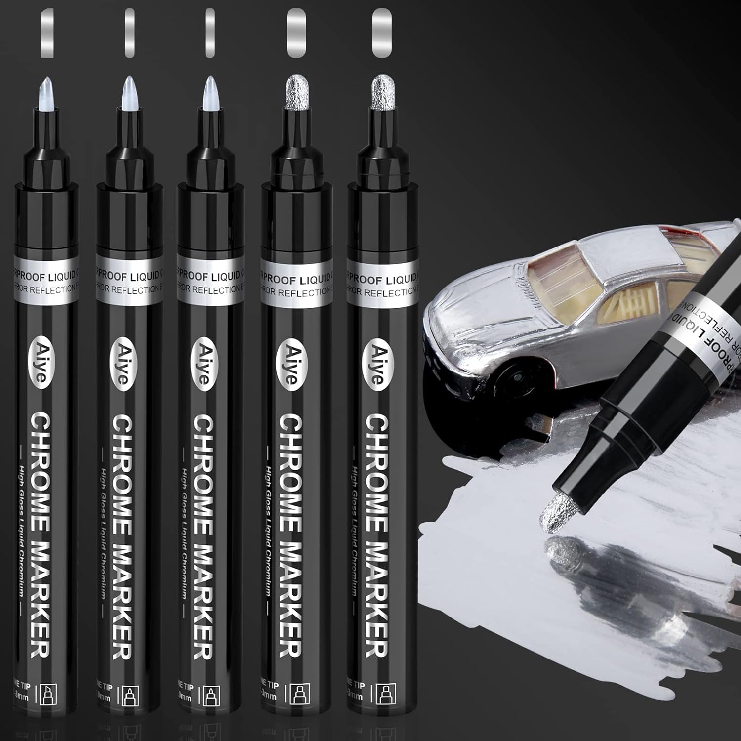 5 Chrome Paint Pen Mirror Chrome Marker for Plastic Model Metal Repair Kit Tire DIY, Liquid