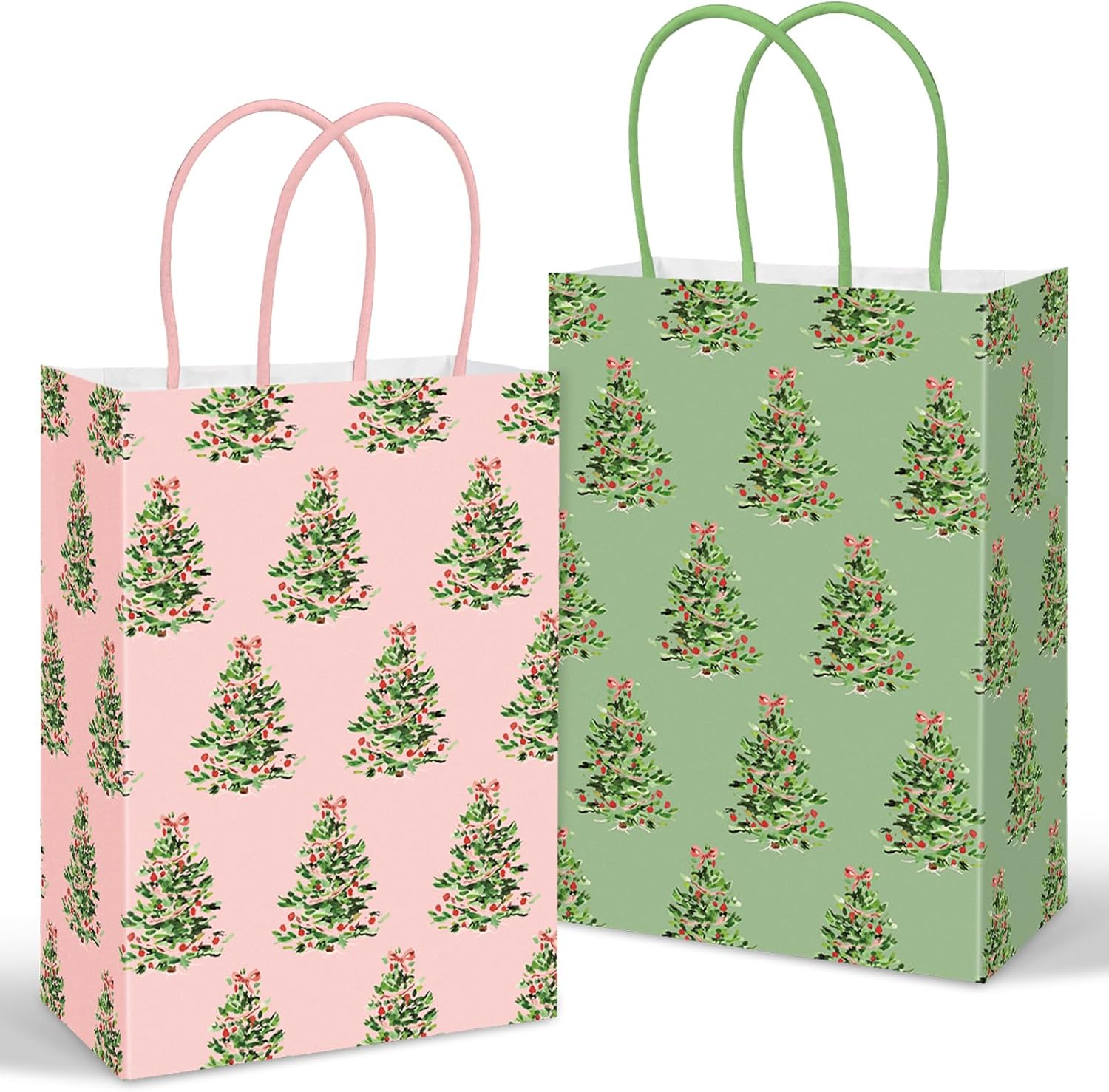 JarThenaAMCS 24Pcs Christmas Paper Gift Bags with Handles Pink Green Xmas Tree Party Favor Bags Candy Goodie Treat Bag for Holiday Birthday Party Supplies