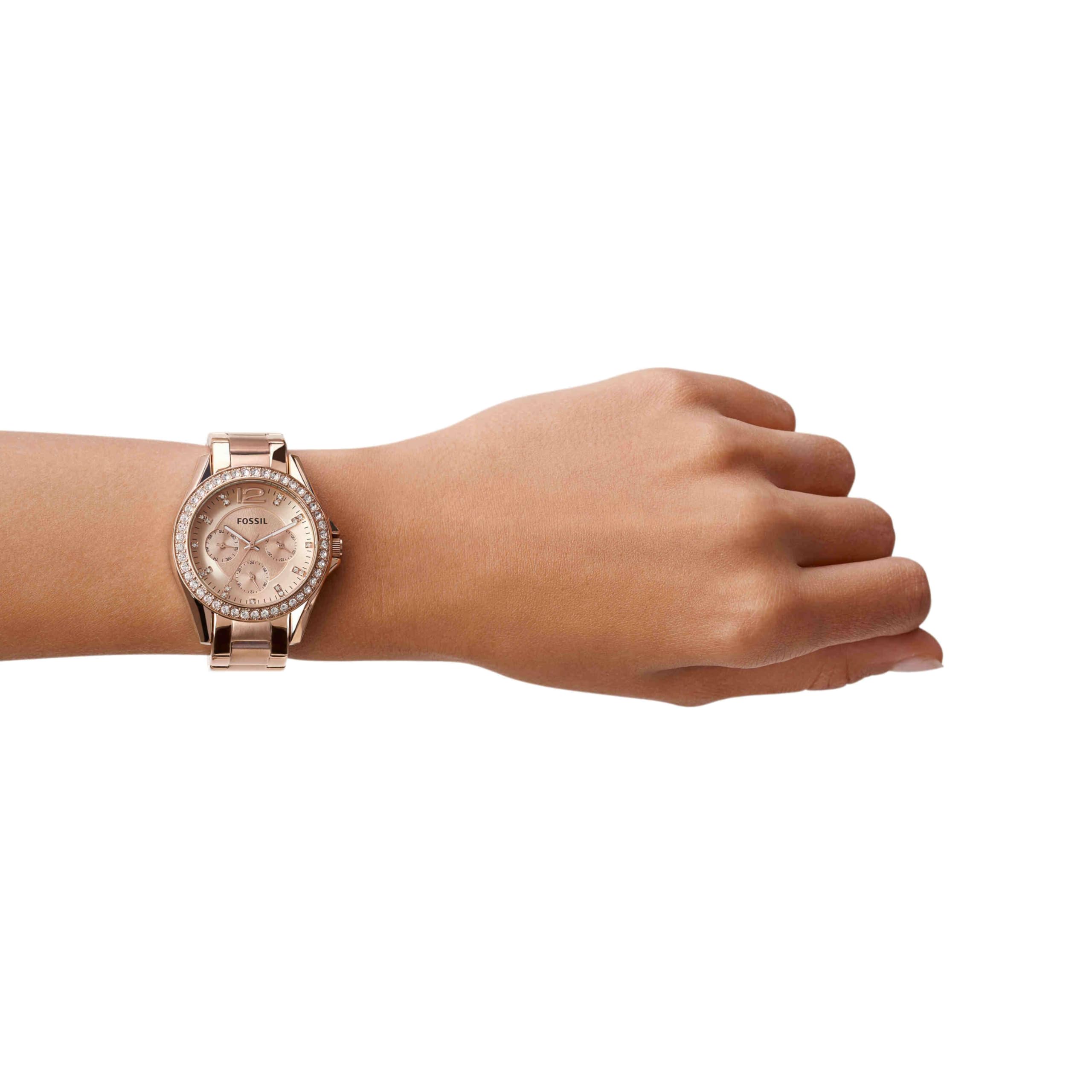 Fossil Riley Reloj para Mujer, Movimiento cronógrafo con Correa de Acero o Piel