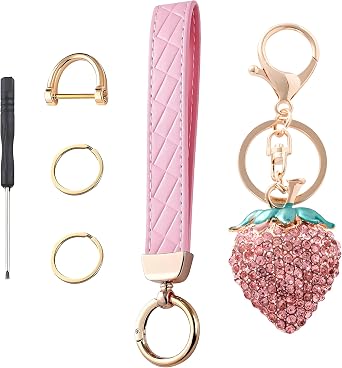 Strawberry Keychain,Wrist Lanyard for Keys,Pink Keychain Wristlet,Strawberry Car Accessories,Bookbag Charms