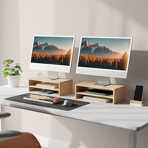 Miniatura 10 de FITUEYES Soporte elevador para monitor de computadora, soporte de escritorio, organizador de espacio de trabajo, paquete de 2 unidades DT204202WB