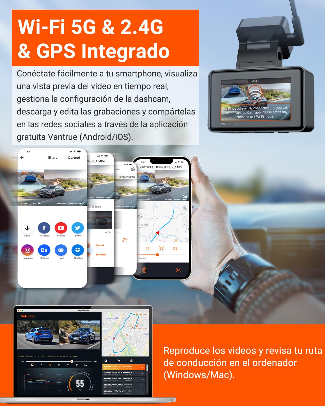 VANTRUE E2 1944P+1944P Cámara de Coche 5GHz WiFi GPS, inalámbrica y controlada por Voz Trasera Delantera, WDR Night Vision Buffer Parking Mode Car Camera, 2.45 Pulgadas 320 °, 512GB máximo