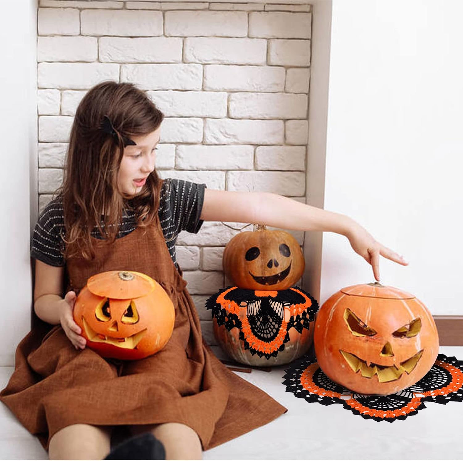 One Piece 20 x 17 Inch Pineapple Halloween Doily Crochet for Dressers and End Tables Crafts Disposable Doilies Cloth Lace Placemats Coasters Black Orange Oval Cotton Vintage Tablecloth