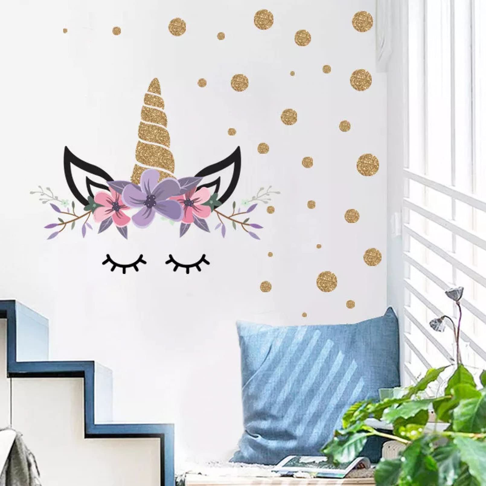 Autocollant mural 3D pour chambre d'enfant ou chambre de bébé Motif cercles dorés et licorne