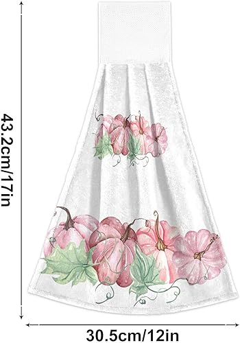 Miniatura 2 de Toallas de cocina con diseño de calabaza rosa con bucles para colgar, paquete de 2, toallas de mano con temática de otoño para baño, absorbentes de
