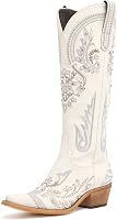 vodvob Women's Embroidered Rhinestone Knee High Cowboy Boots - Pointed Toe Chunky Heel Retro Cowgirl Tall Boots