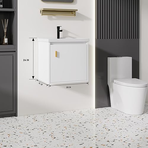 Miniatura 208 de Tocador de baño de 20 pulgadas con lavabo de cerámica, tocador de baño pequeño montado en la pared con puerta de cierre suave, gabinete flotante