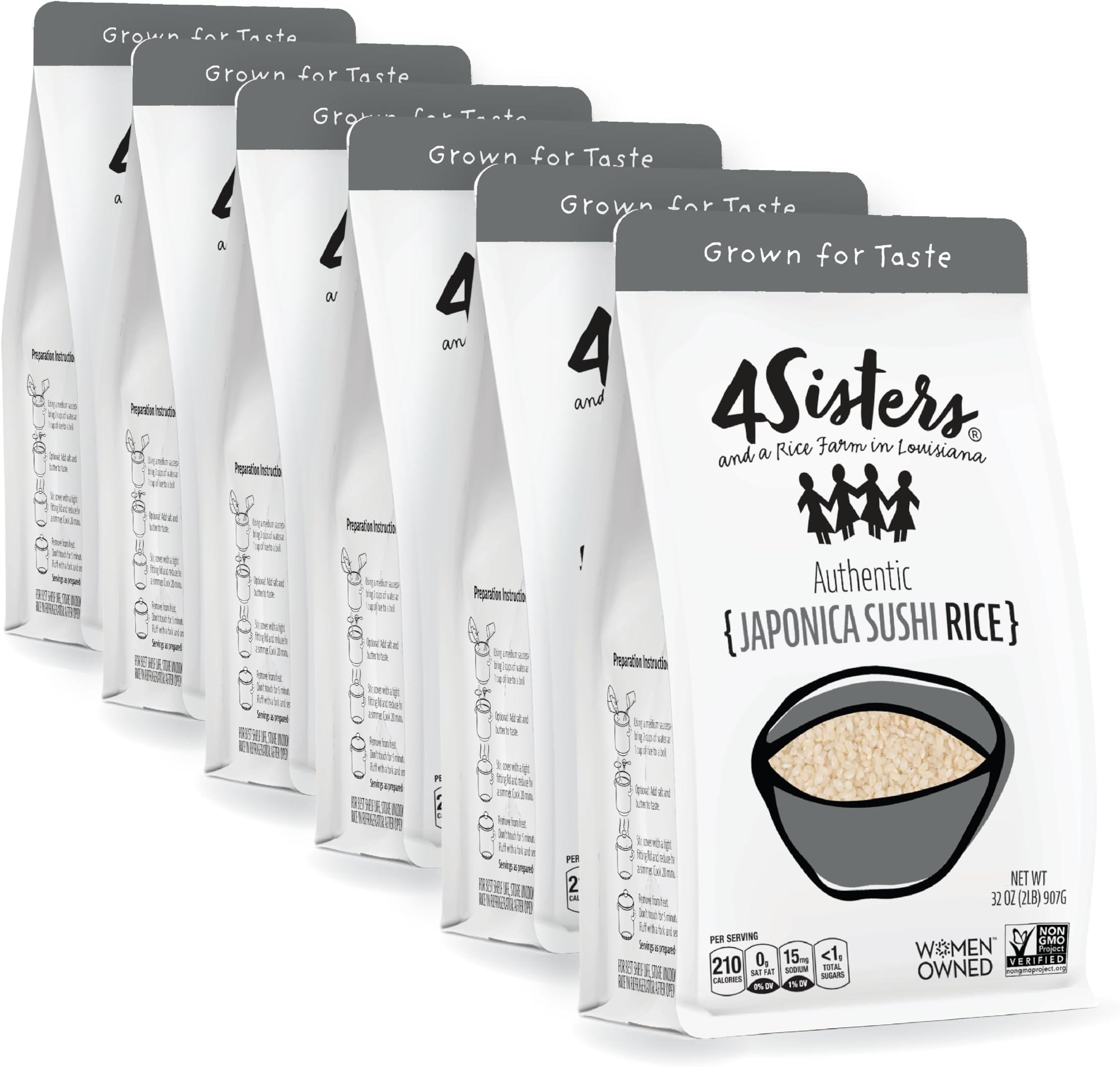 Authentic Short Grain Japonica Sushi Rice - Sustainably Grown - Women Owned - Farm to Table - 2lb (Pack of 6)