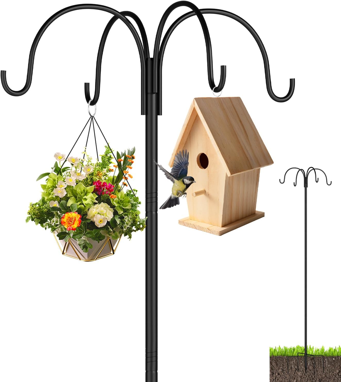 4-Hooks Shepherd Hooks for Outdoor,Heavy Duty 103 Inch Bird Feeder Pole with 5-Prong Base,Bird House Stand Garden Hooks for Hanging Plant Baskets,Solar Light, Lanterns, Wind Chime
