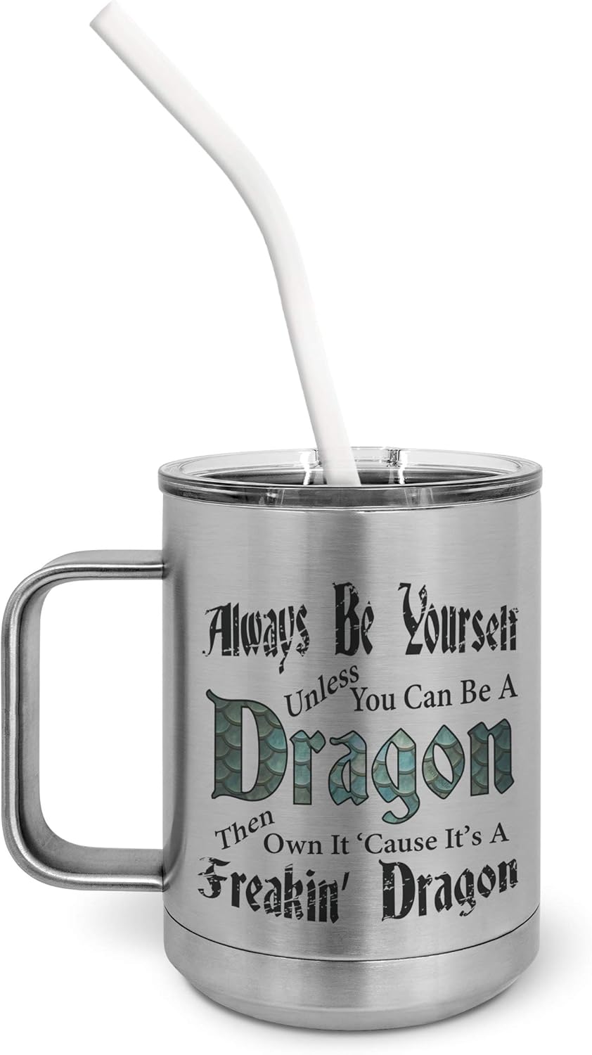 PixiDoodle Be A Freakin Dragon - Dragon Scales Dragon Insulated Coffee Mug Tumbler with Spill-Resistant Slider Lid and Silicone Straw (15 oz Mug, Silver)
