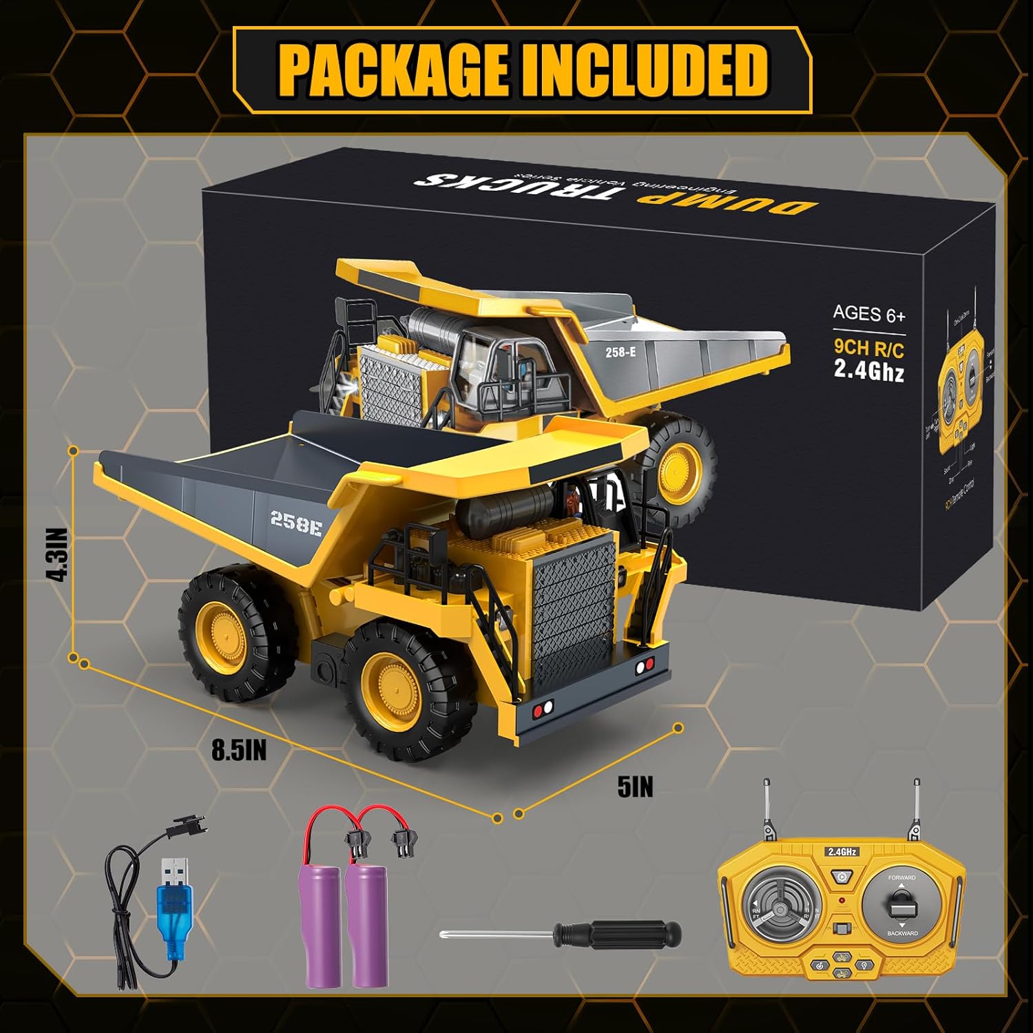 Contents of the BEWEAI RC Dump Truck package