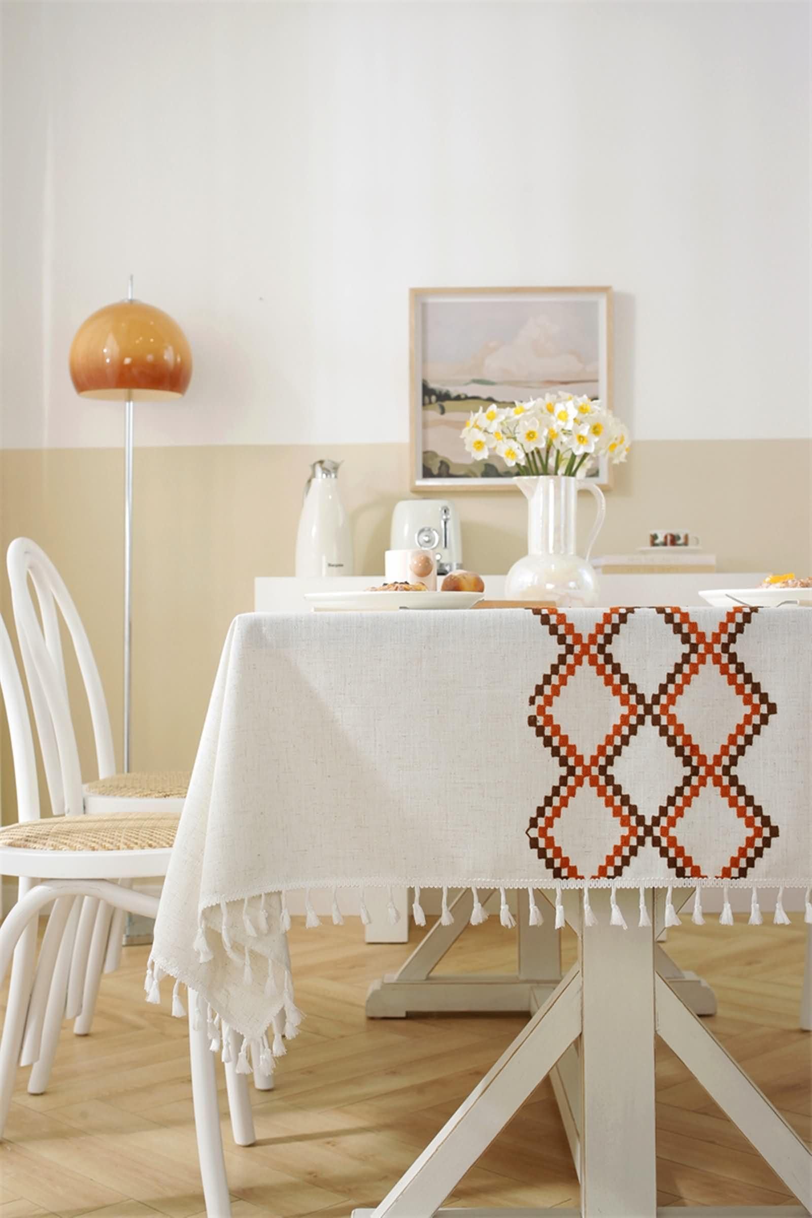 Mantel Rectangular Café para Mesa, Bordado de Geométrico con Borlas, de Poliéster Fácil de Limpiar, 140 x 180 cm, Mantel para Comedor y Cocina
