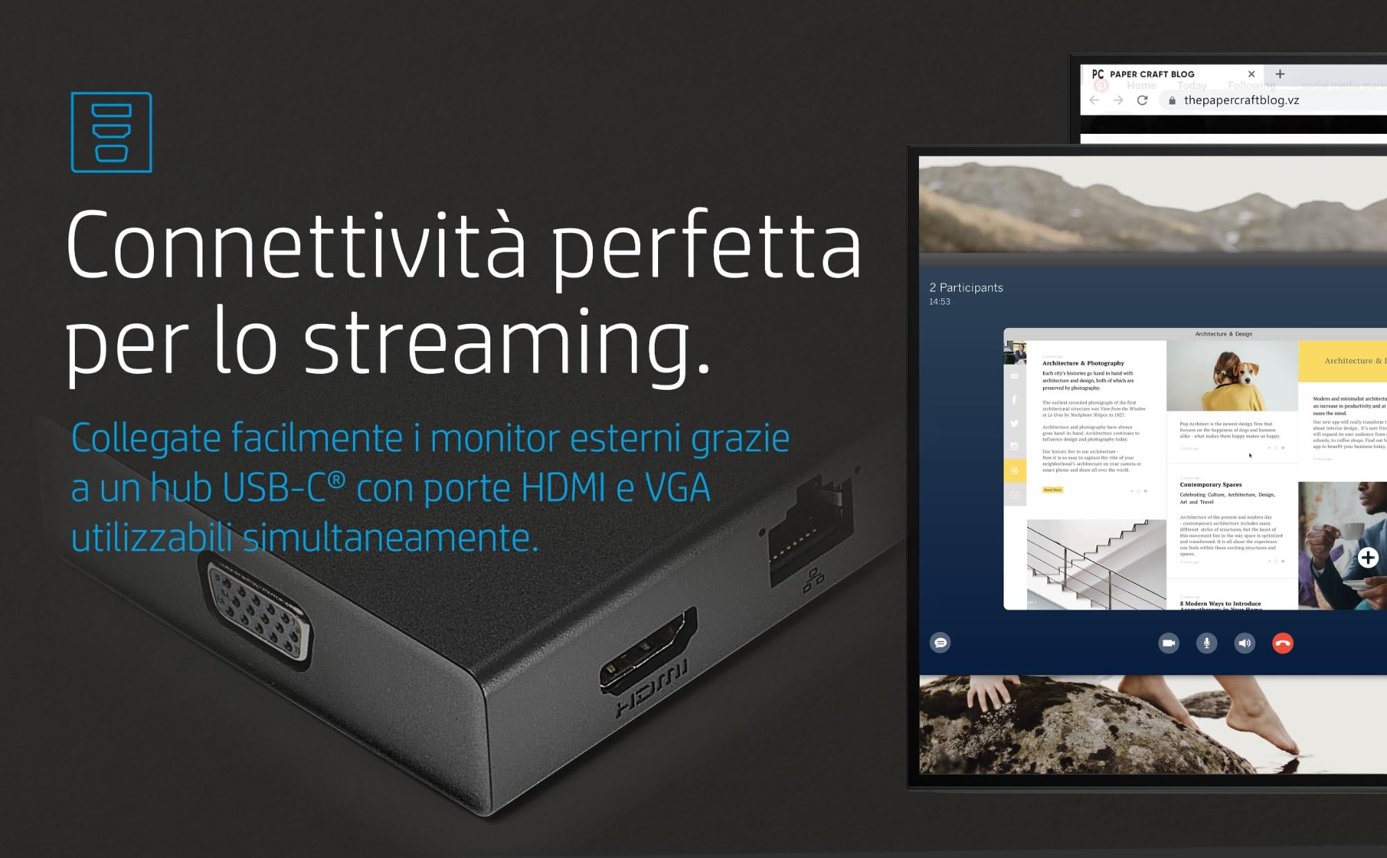 HP Hub Multi porta USB-C da Viaggio, Compatibile con PC dotati di Porta USB-C, Power Delivery e DisplayPort, Nero