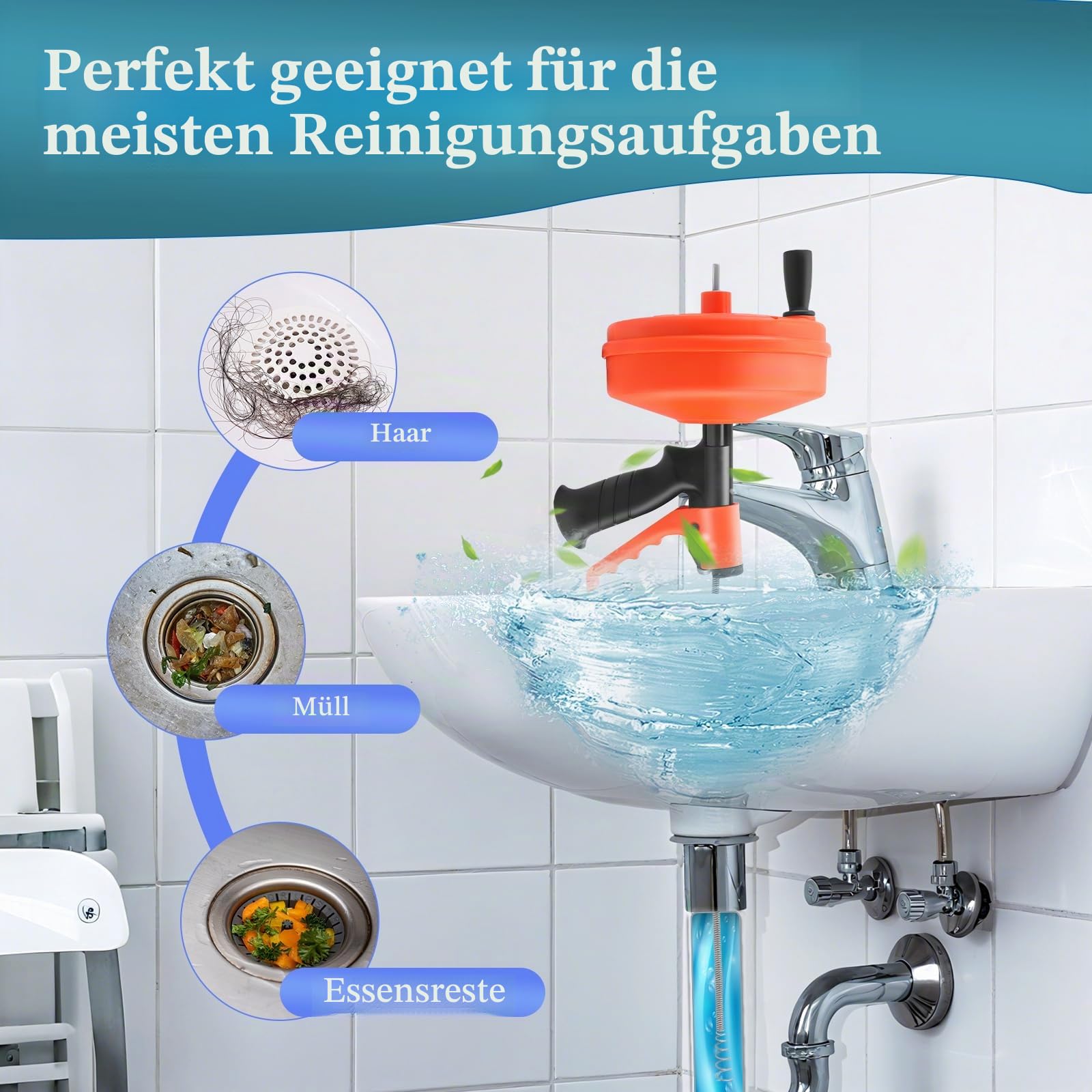 Spirale Abflussreiniger mit Automatischem Teleskopauswurf, 15 M Verstärkte Spirale Rohrreinigung für Küche, Bad, Waschbecken & Badewanne – Abflussreiniger Spirale gegen Verstopfungen