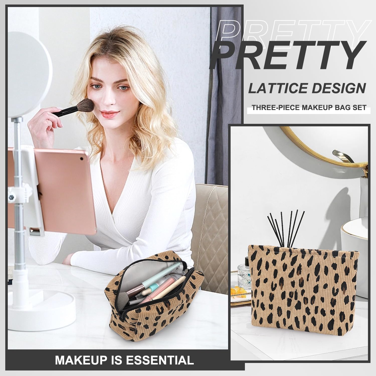 EIMMBD Makeup Bag 3 Pieces Large Capacity Cosmetic Bags Travel Toiletry Bag Organizer Cute Makeup Pouch Storage for Women(Brown Leopard) image 5