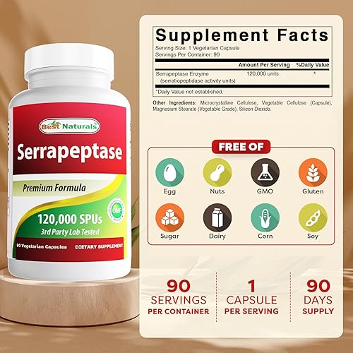 Miniatura 2 de Best Naturals Serrapeptase 120000 SPUs 90 Cápsulas de Vegetarain - Apoya la salud sinusal
