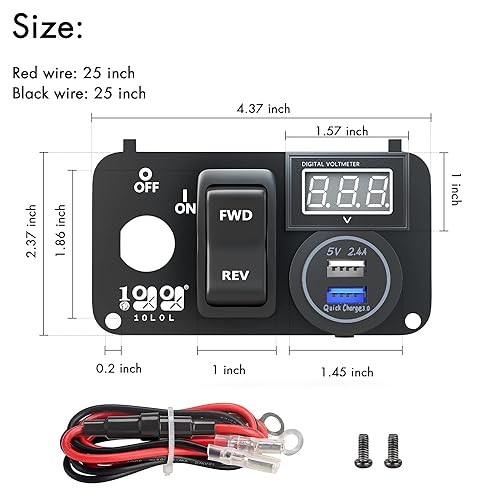Miniatura 6 de 10L0L Golf Cart 3 in 1 Multifunctional Integrated Panel,12V 3.0 Fast Charge Dual USB Charger Socket & LED Digital Voltmeter & Forward Reverse Switch