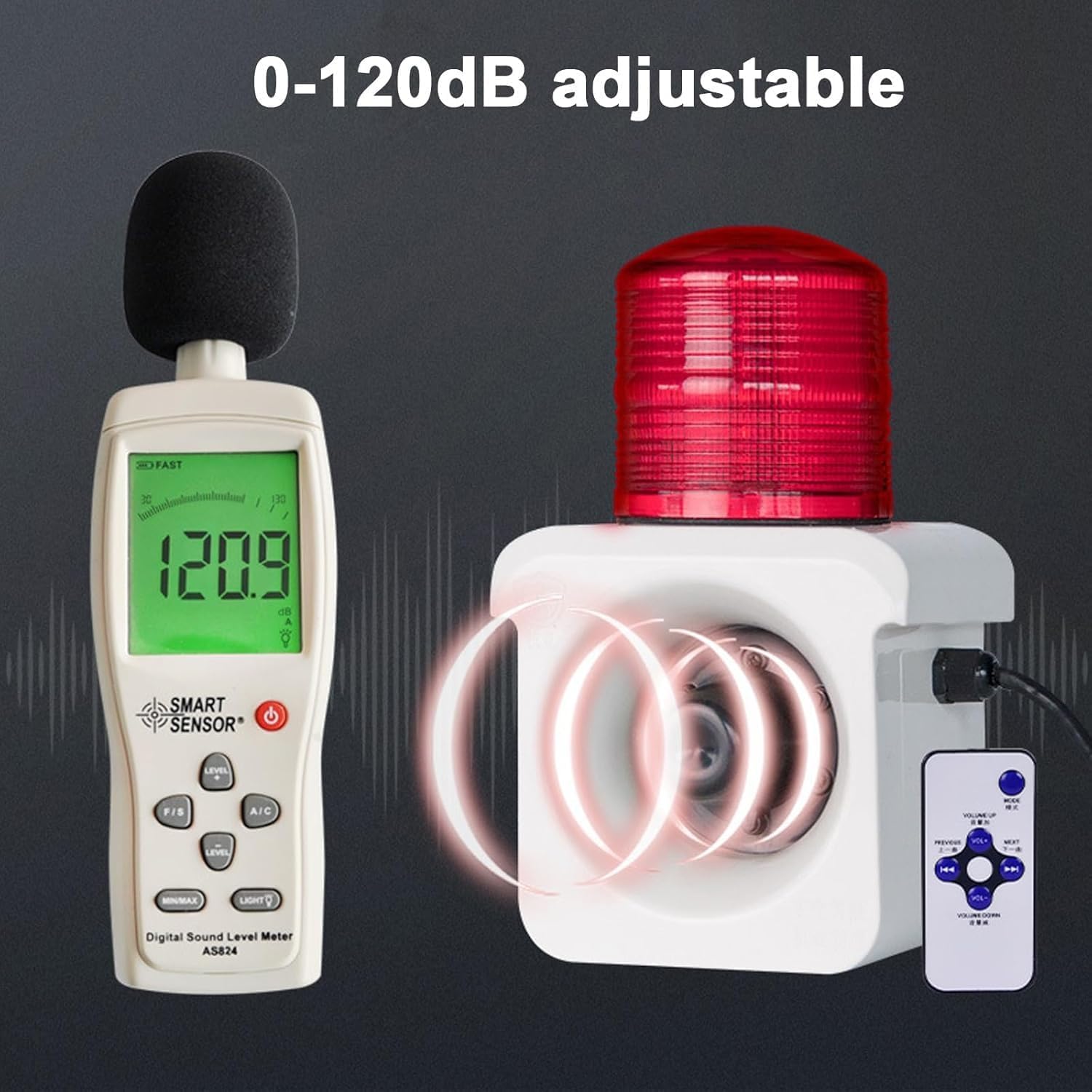Alarma de Seguridad con luz y Sirena, Sirena Industrial con luz y Sonido, IP65 Resistente al Agua, con Mando a Distancia, para Seguridad doméstica, residencial e Industrial.