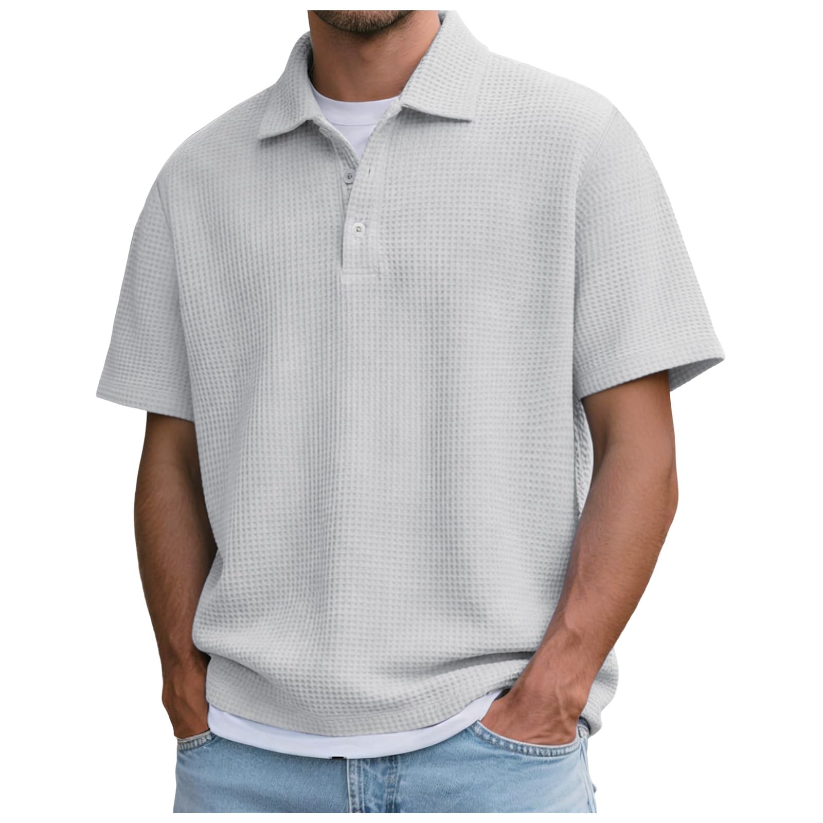 Polo Homme à Texture Gaufrée Tee Shirt Homme Couleur Unie Chemise à Manches Courtes et Boutons Blouse Décontractée avec Poche