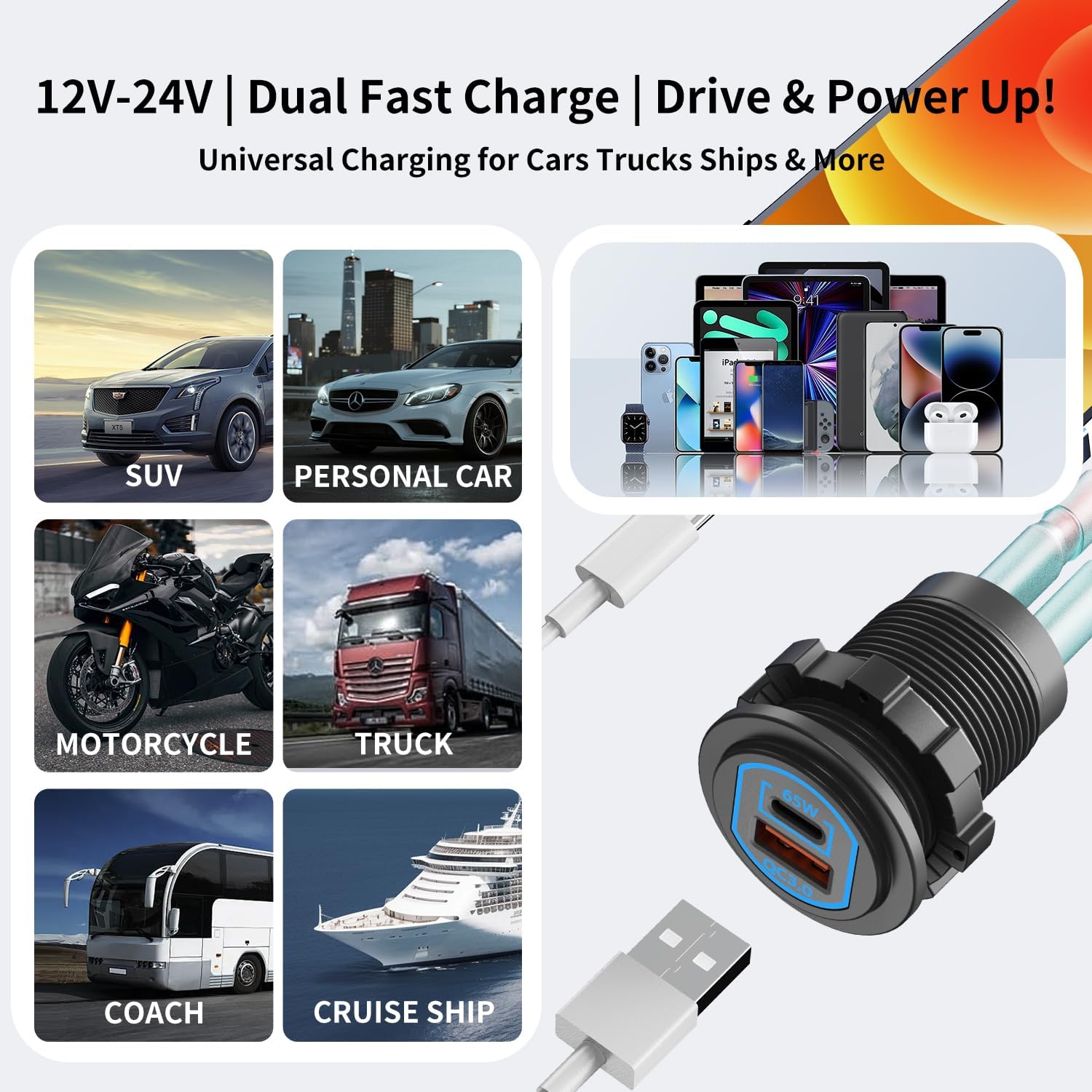 Upgraded 12V USB C Outlet 83W PD & QC Multiple USB Charger Socket Aluminum Alloy Waterproof Accessories for Car Boat Marine Motorcycle RV ATV Truck Golf Cart