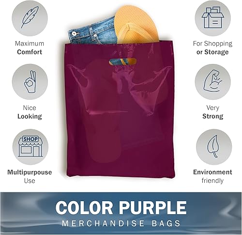 Miniatura 4 de Purple Merchandise - Bolsas de plástico para compras, paquete de 200 unidades de 12 x 15 pulgadas con 1.5 mil de grosor, asas troqueladas, perfectas