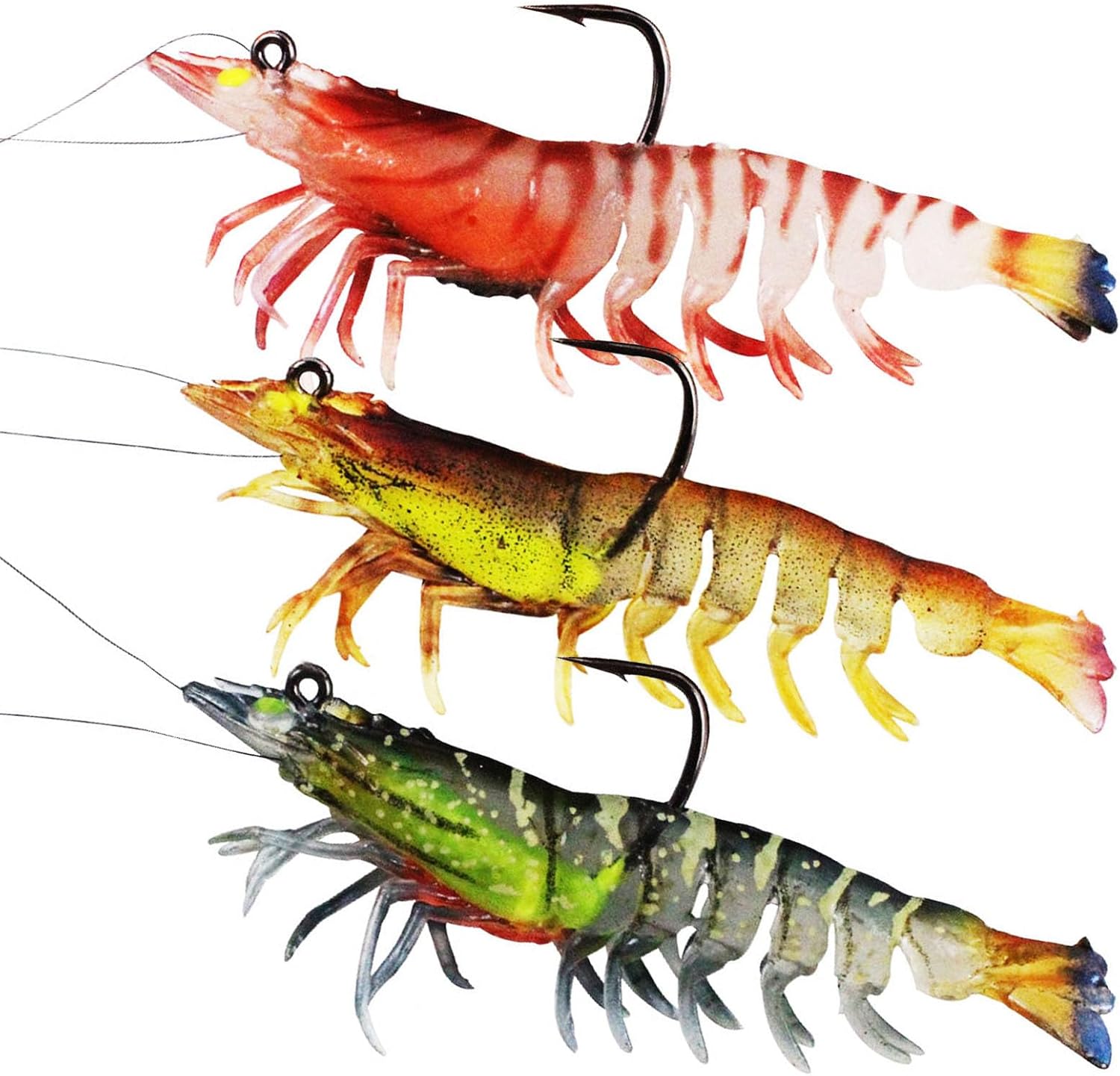 Naiveferry 3Pcs Luminous Shrimp Lure Set, PreRigged Soft Plastic Shrimp Fishing