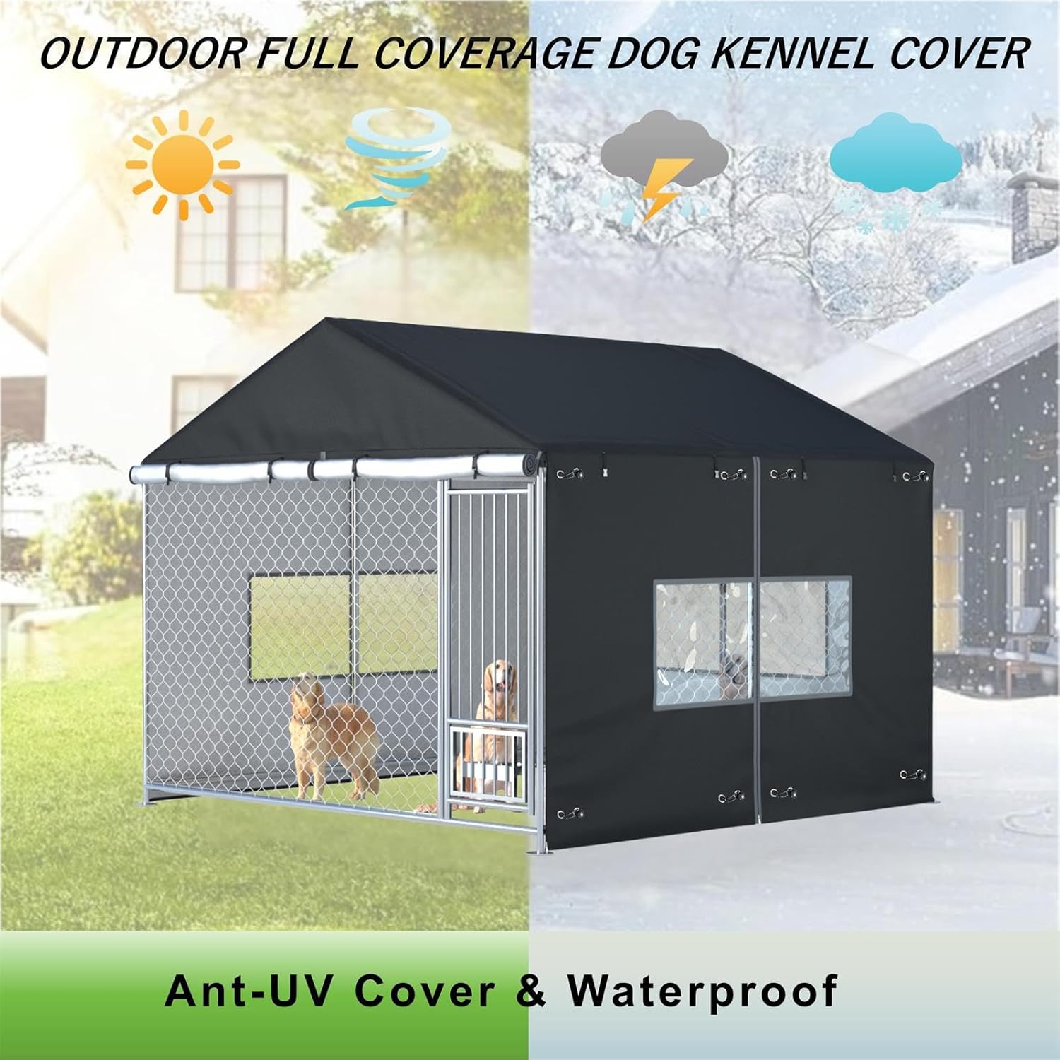 Outdoor Dog Kennel Cover 6.7x6.7x5.8 ft - Full Coverage 600D Waterproof Oxford Fabric Dog Enclosure Covers (79“ × 79” Kennel Cover, Frame not Included)