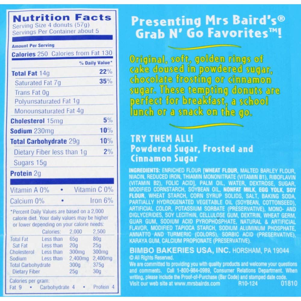 Mrs Baird's Grab 'n Go Powdered Sugar Donuts, 10 oz